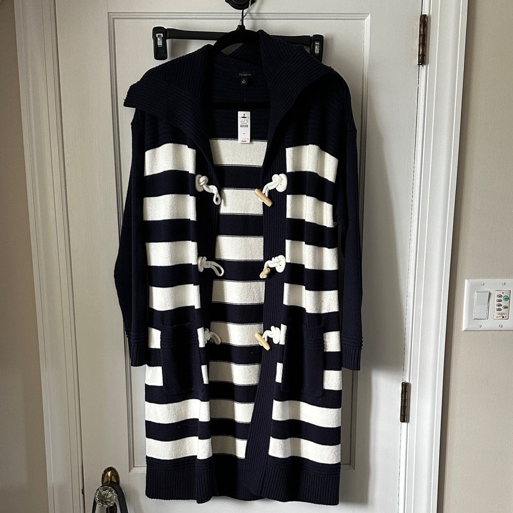 Talbots Navy & White Striped Hooded Toggle Cardigan Coatigan